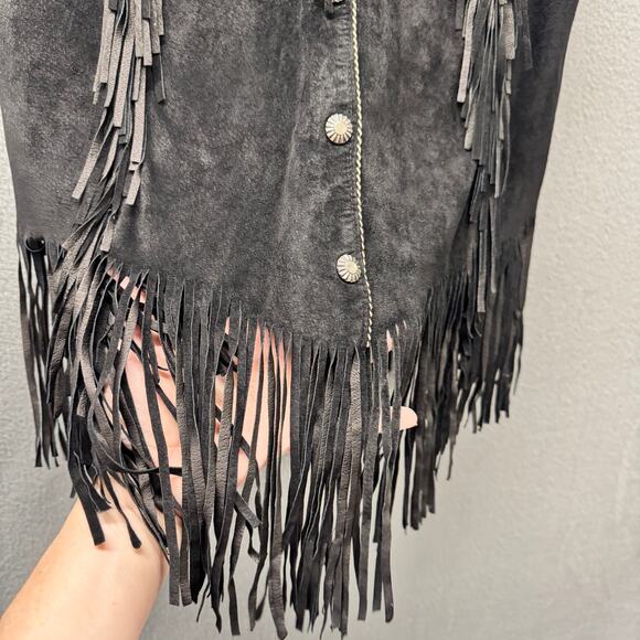 Tribe America Suede Vest Womens L/XL Black Fringe Snap Up Southwestern Beaded - Picture 6 of 7